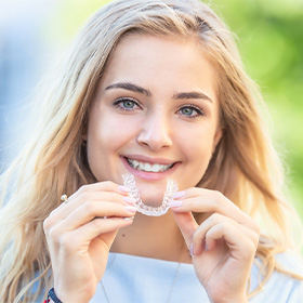 a patient holding her SureSmile aligner